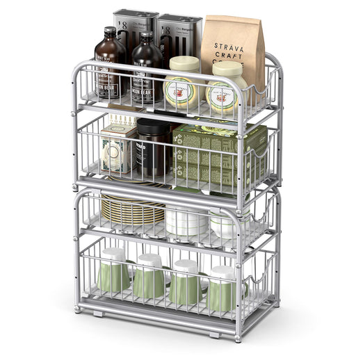 2 Tier Sliding Basket Organisers Set of 2 Stackable Under Sink Storage Silver by Songmics