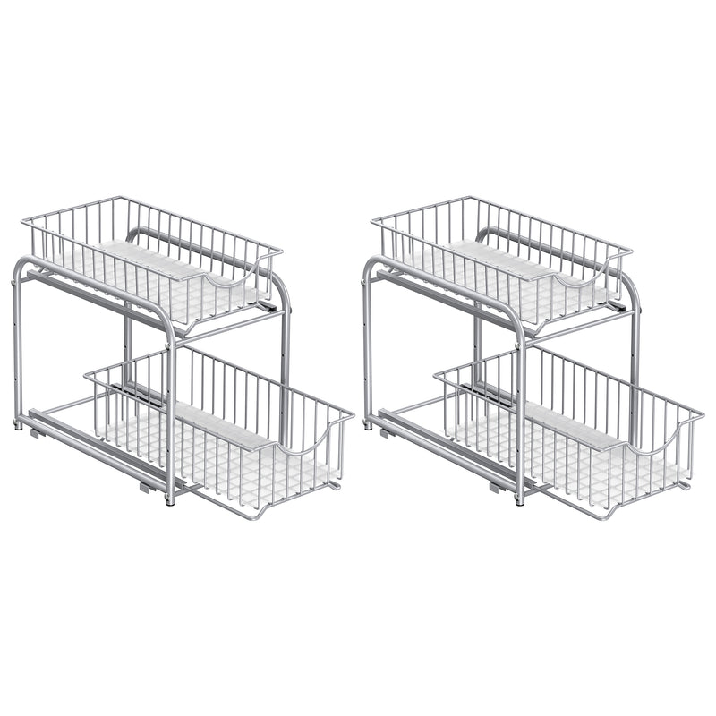 2 Tier Sliding Basket Organisers Set of 2 Stackable Under Sink Storage Silver by Songmics