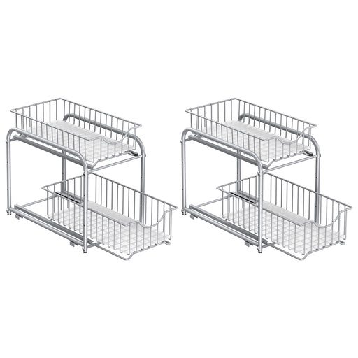 2 Tier Sliding Basket Organisers Set of 2 Stackable Under Sink Storage Silver by Songmics