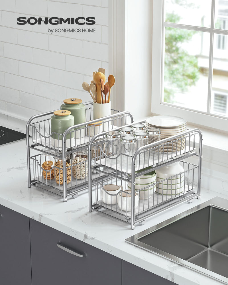 2 Tier Sliding Basket Organisers Set of 2 Stackable Under Sink Storage Silver by Songmics