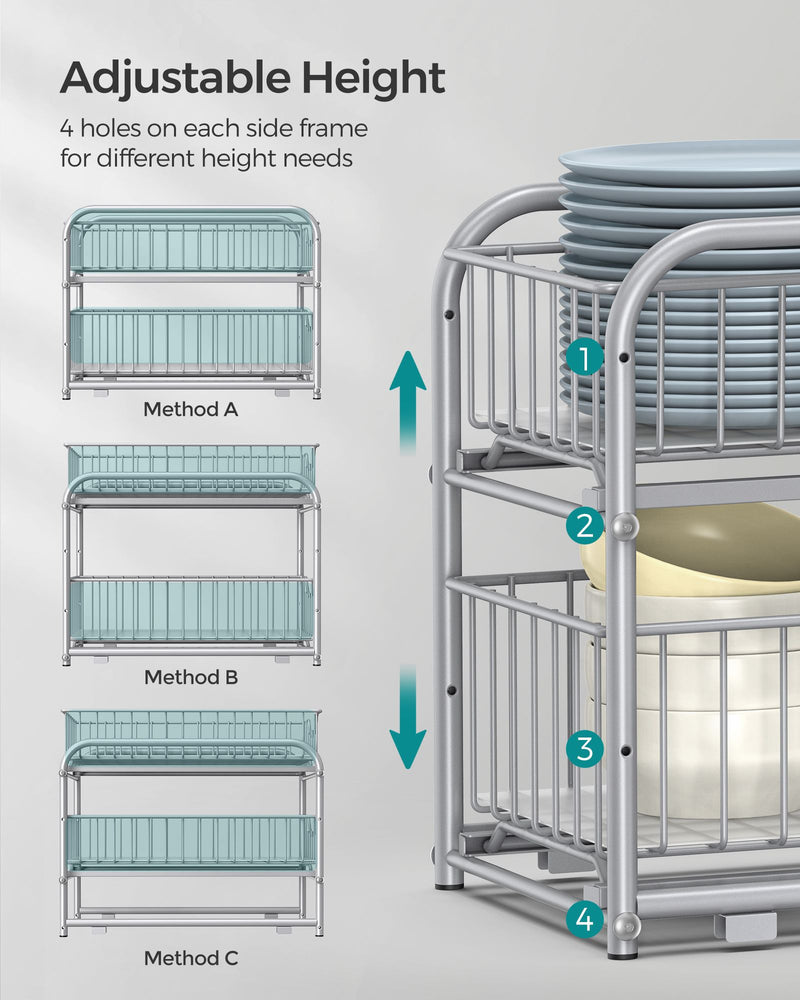 2 Tier Sliding Basket Organisers Set of 2 Stackable Under Sink Storage Silver by Songmics