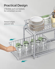 2 Tier Sliding Basket Organisers Set of 2 Stackable Under Sink Storage Silver by Songmics