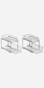 2 Tier Sliding Basket Organisers Set of 2 Stackable Under Sink Storage Silver by Songmics