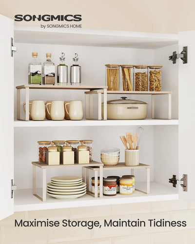 Set of 2 Spice Rack Cupboard Shelf Organisers in Travertine Beige and Cream White by Songmics