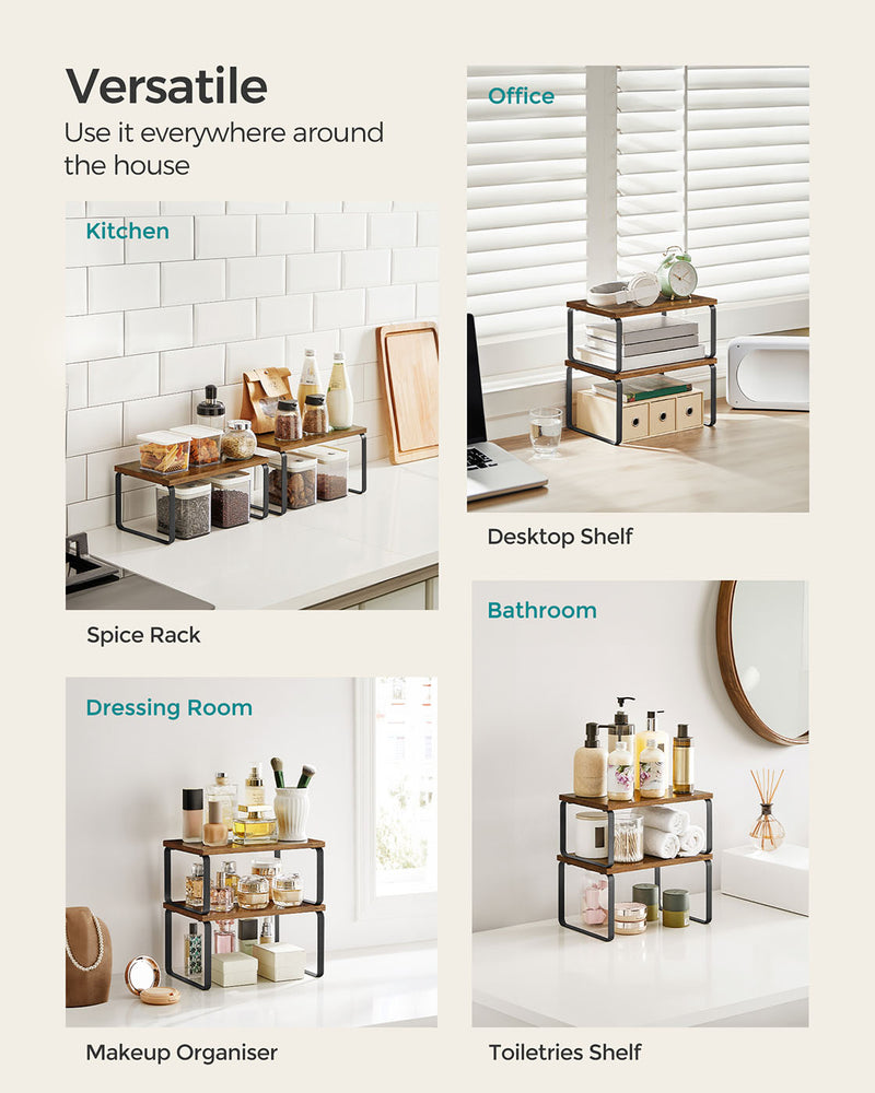 Set of 2 Kitchen Cupboard Shelf Organisers in Black and Rustic Brown by Songmics