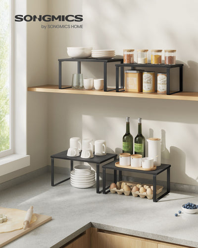 Set of 2 Black Cupboard Shelf Organisers for Kitchen or Pantry Storage by Songmics