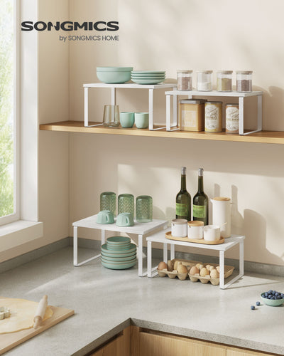 Set of 2 White Cupboard Shelf Organisers for Kitchen or Pantry Storage by Songmics