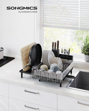 Stainless Steel Dish Drainer Rack with Cutlery Holder in Silver and Black by Songmics