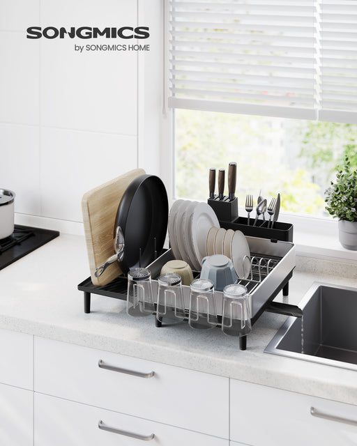 Stainless Steel Dish Drainer Rack with Cutlery Holder in Silver and Black by Songmics