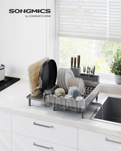 Stainless Steel Dish Drainer Rack in Silver and Slate Grey with Cutlery Holder by Songmics