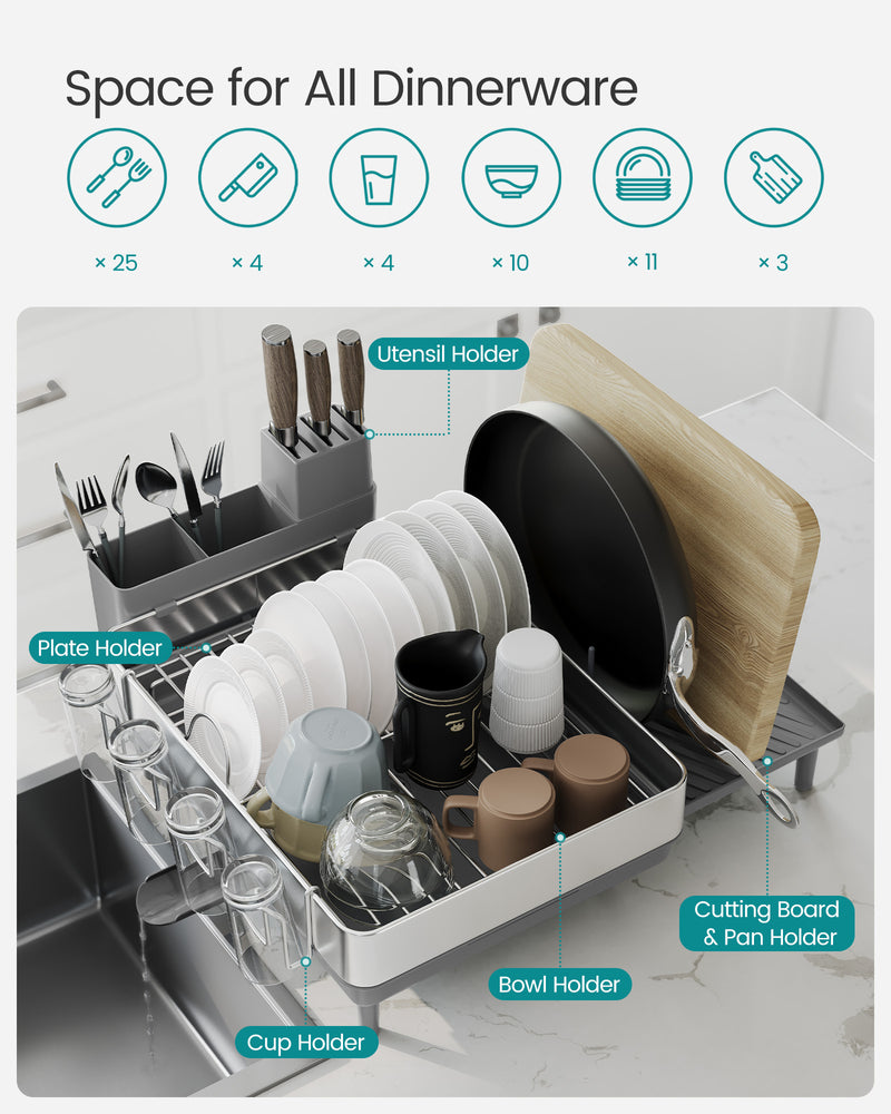 Stainless Steel Dish Drainer Rack in Silver and Slate Grey with Cutlery Holder by Songmics