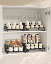 Set of 2 Black 3 Tier Extendable Cabinet Shelf Organisers for Kitchen or Pantry by Songmics