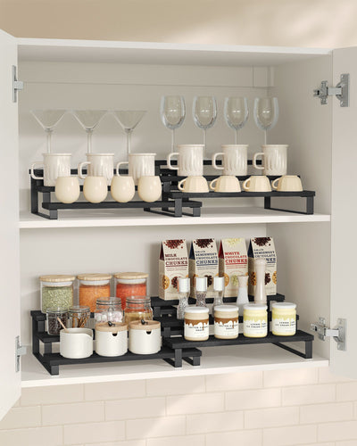 Set of 2 Black 3 Tier Extendable Cabinet Shelf Organisers for Kitchen or Pantry by Songmics