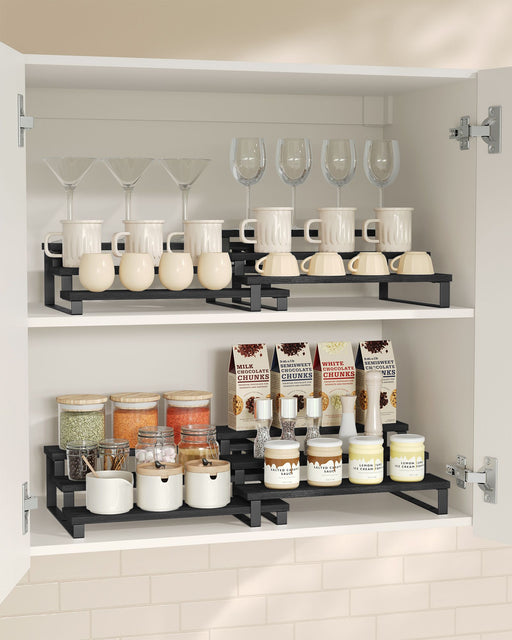 Set of 2 Black 3 Tier Extendable Cabinet Shelf Organisers for Kitchen or Pantry by Songmics