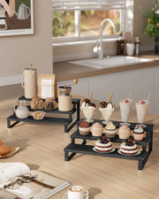 Set of 2 Black 3 Tier Extendable Cabinet Shelf Organisers for Kitchen or Pantry by Songmics