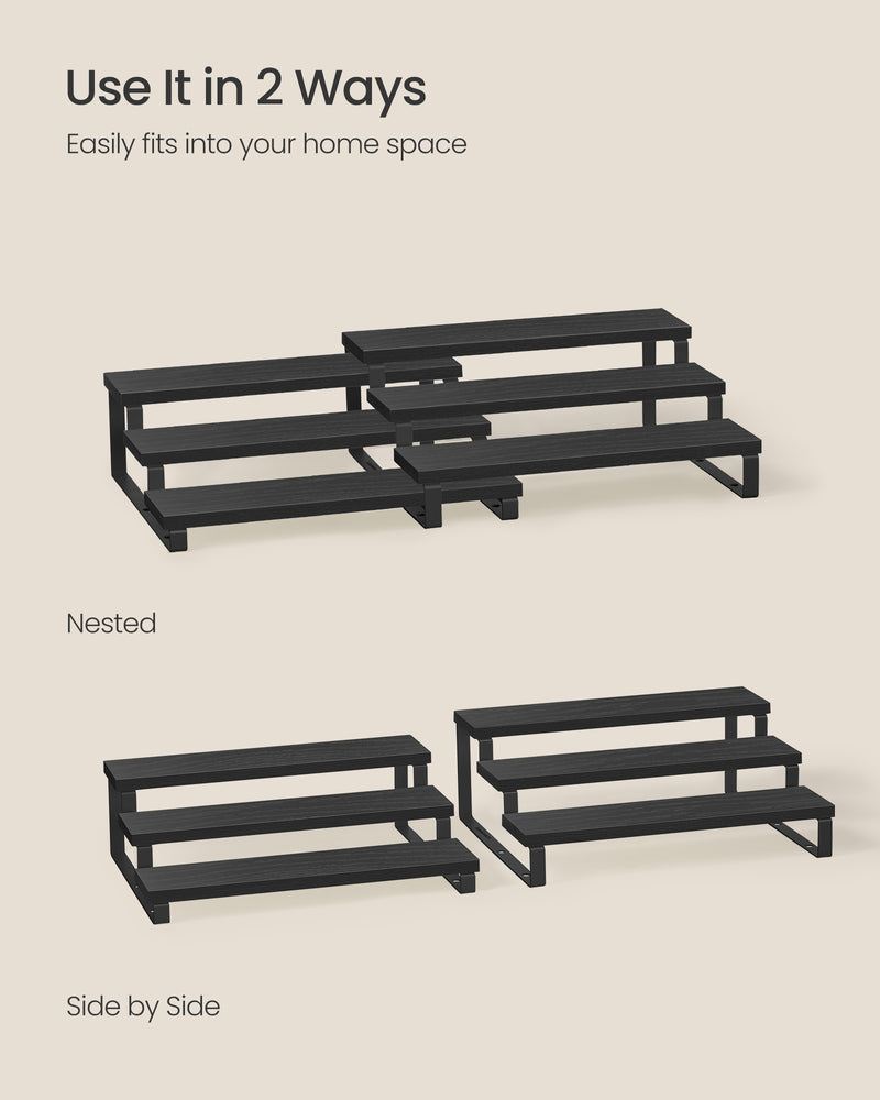 Set of 2 Black 3 Tier Extendable Cabinet Shelf Organisers for Kitchen or Pantry by Songmics