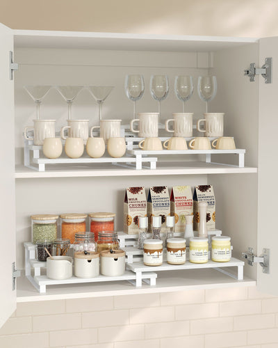 White 3 Tier Extendable Cabinet Shelf Organisers Set of 2 for Kitchen Storage by Songmics