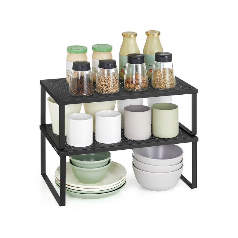 Stackable Expandable Spice Rack Set of 2 Cupboard Organisers in Ink Black by Songmics
