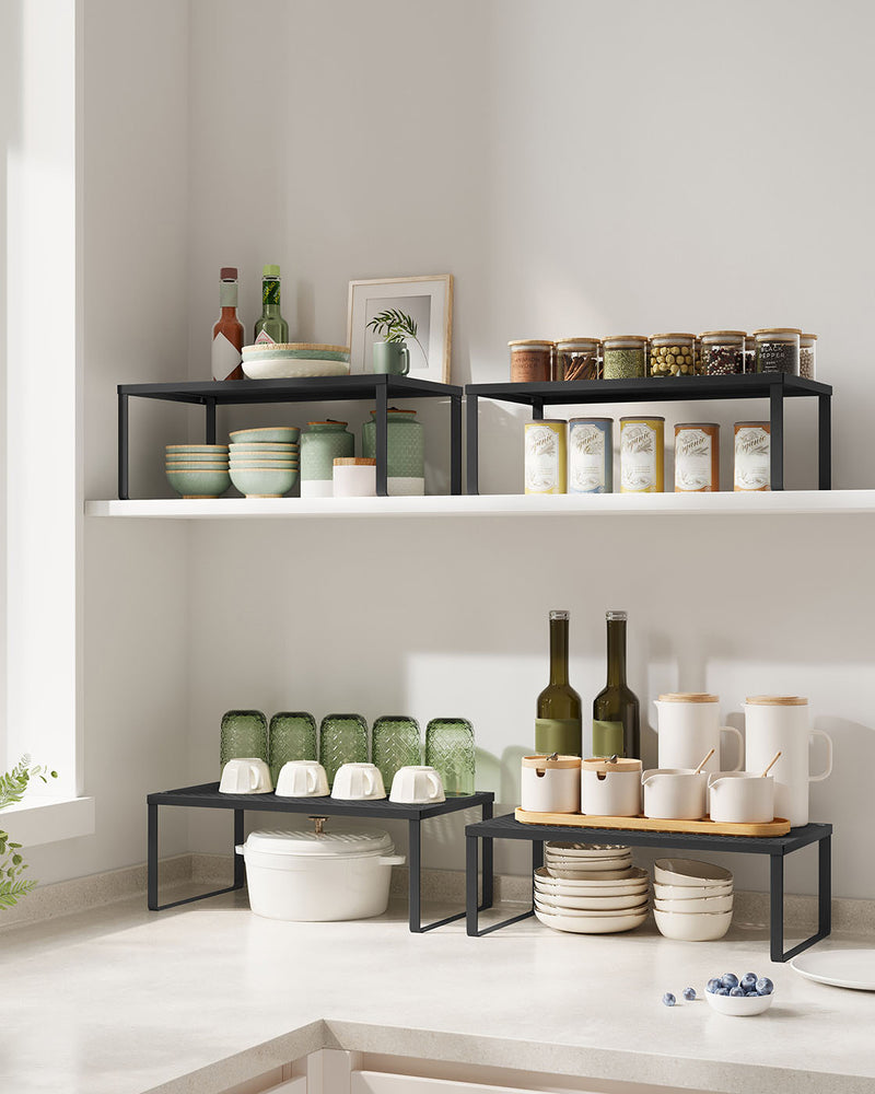 Stackable Expandable Spice Rack Set of 2 Cupboard Organisers in Ink Black by Songmics