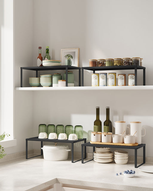 Stackable Expandable Spice Rack Set of 2 Cupboard Organisers in Ink Black by Songmics