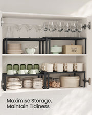 Stackable Expandable Spice Rack Set of 2 Cupboard Organisers in Ink Black by Songmics