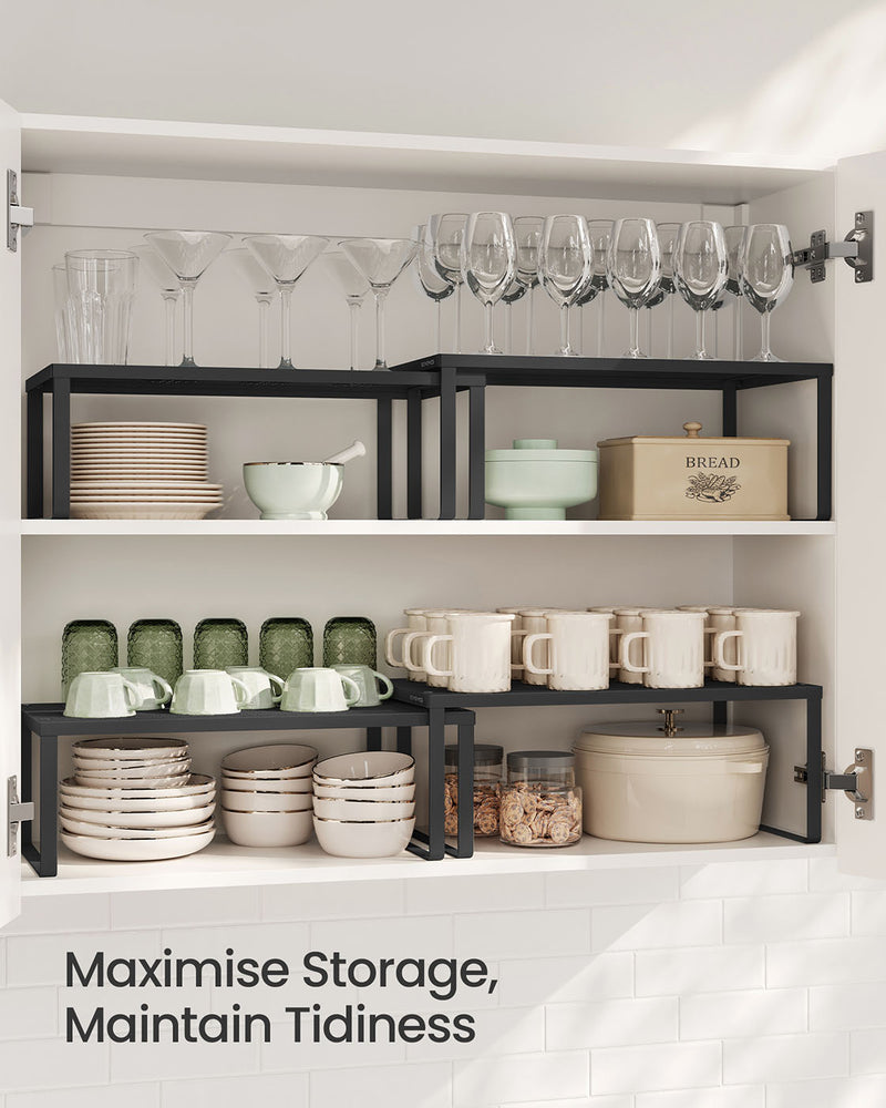 Stackable Expandable Spice Rack Set of 2 Cupboard Organisers in Ink Black by Songmics