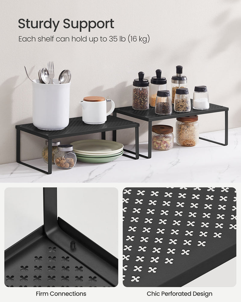 Stackable Expandable Spice Rack Set of 2 Cupboard Organisers in Ink Black by Songmics