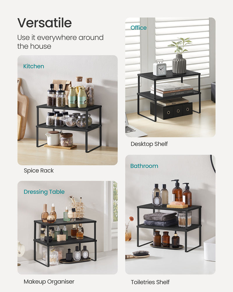 Stackable Expandable Spice Rack Set of 2 Cupboard Organisers in Ink Black by Songmics