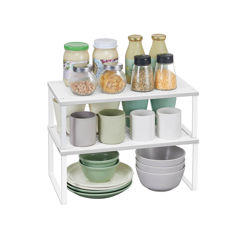 Stackable Expandable White Spice Rack Organisers Set of 2 for Kitchen Cupboards by Songmics