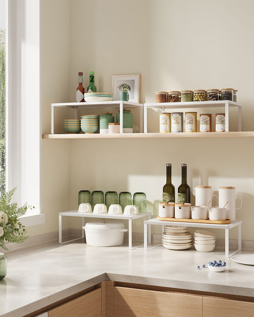 Stackable Expandable White Spice Rack Organisers Set of 2 for Kitchen Cupboards by Songmics