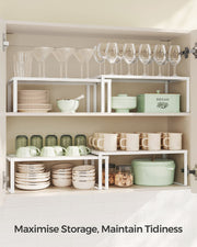Stackable Expandable White Spice Rack Organisers Set of 2 for Kitchen Cupboards by Songmics