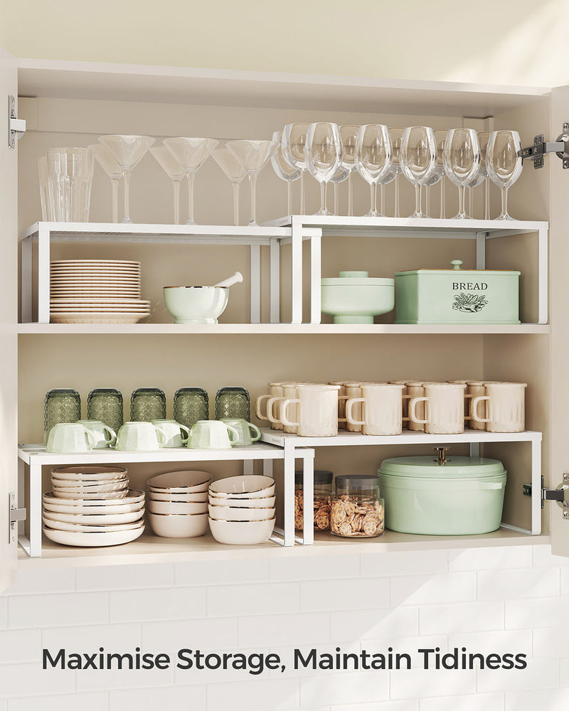 Stackable Expandable White Spice Rack Organisers Set of 2 for Kitchen Cupboards by Songmics