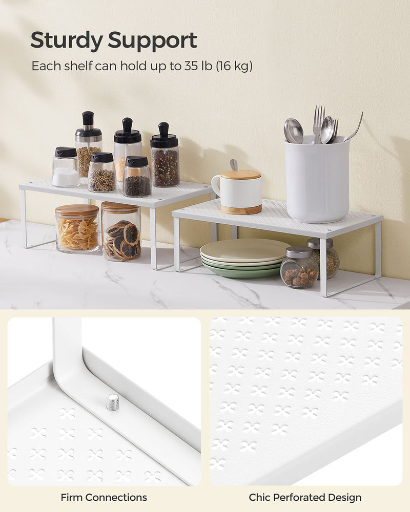Stackable Expandable White Spice Rack Organisers Set of 2 for Kitchen Cupboards by Songmics