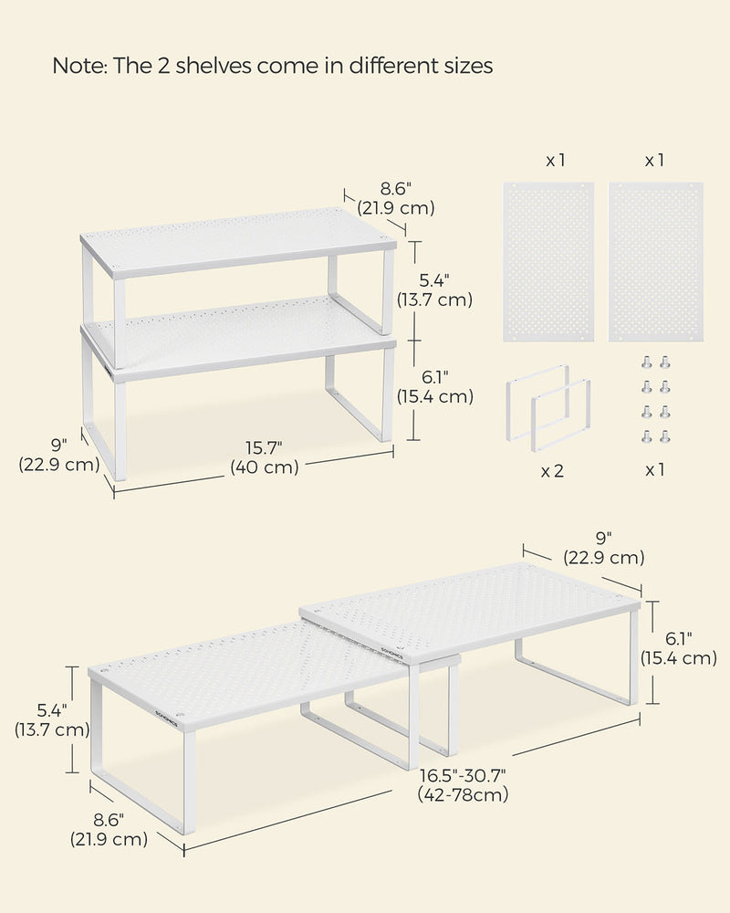 Stackable Expandable White Spice Rack Organisers Set of 2 for Kitchen Cupboards by Songmics