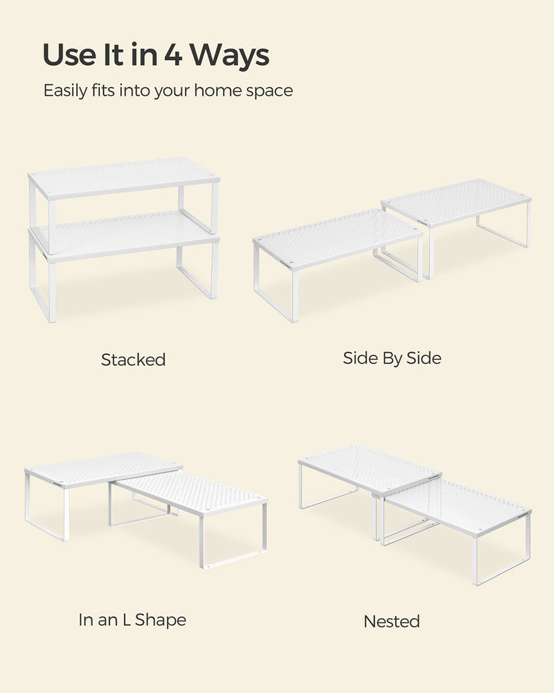 Stackable Expandable White Spice Rack Organisers Set of 2 for Kitchen Cupboards by Songmics