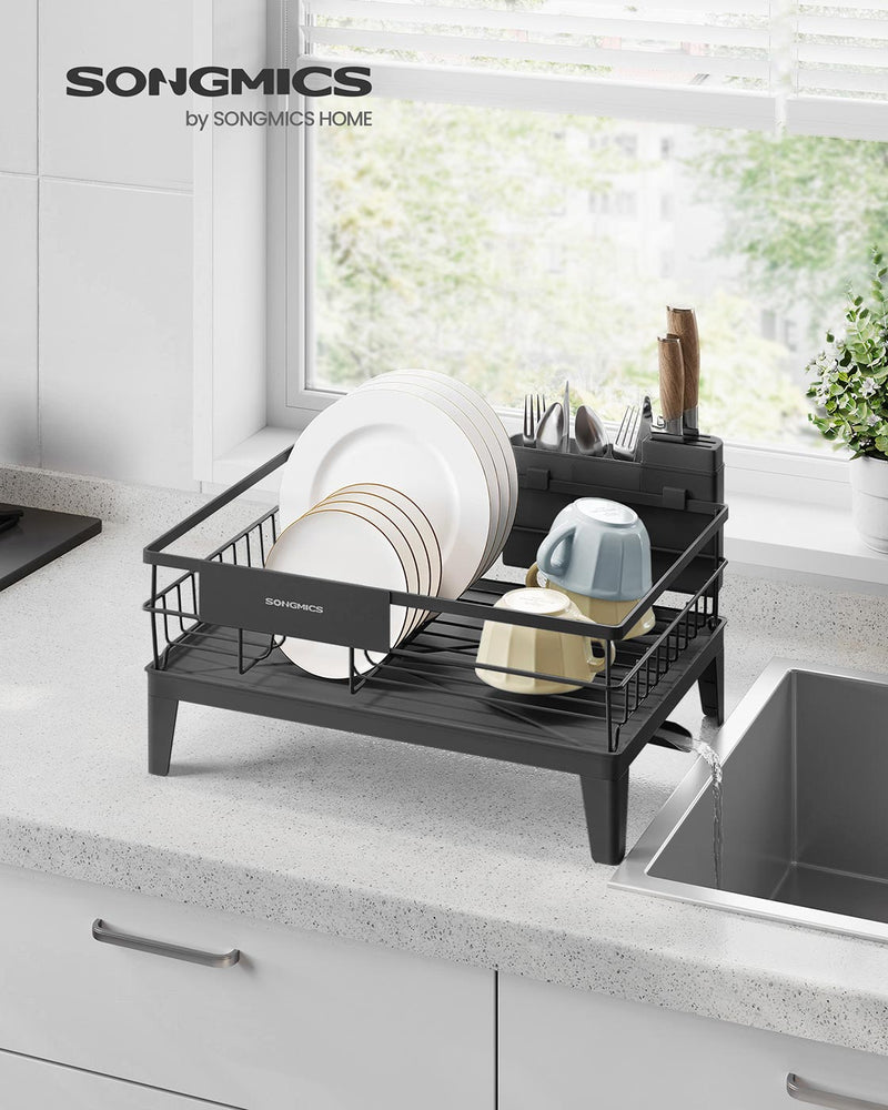 Ink Black Dish Drying Rack with 360 Degree Rotating Extendable Spout by Songmics