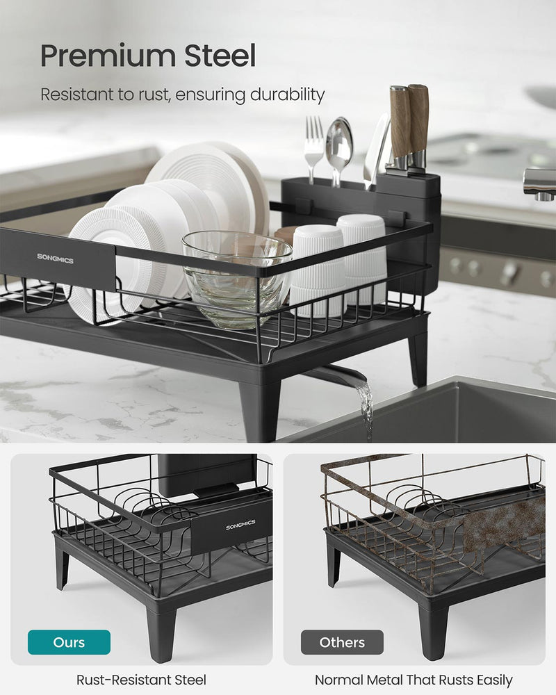 Ink Black Dish Drying Rack with 360 Degree Rotating Extendable Spout by Songmics