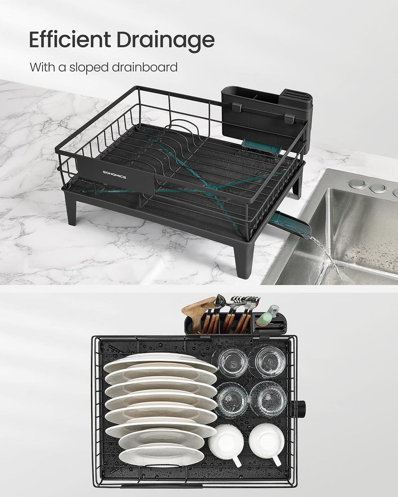 Ink Black Dish Drying Rack with 360 Degree Rotating Extendable Spout by Songmics