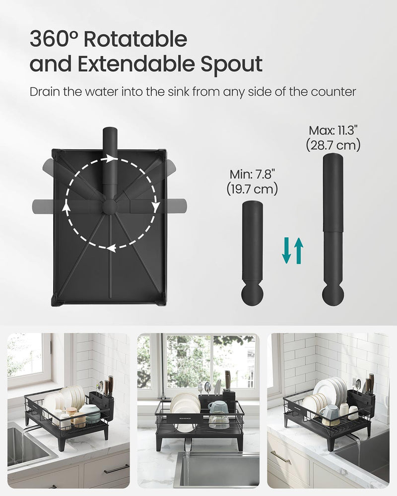Ink Black Dish Drying Rack with 360 Degree Rotating Extendable Spout by Songmics