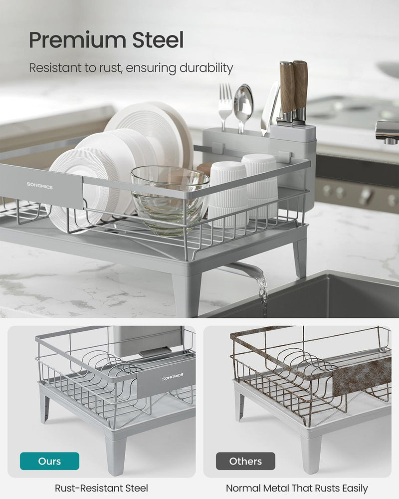 Dove Grey Dish Drying Rack with 360 Degree Rotatable Extendable Spout by Songmics