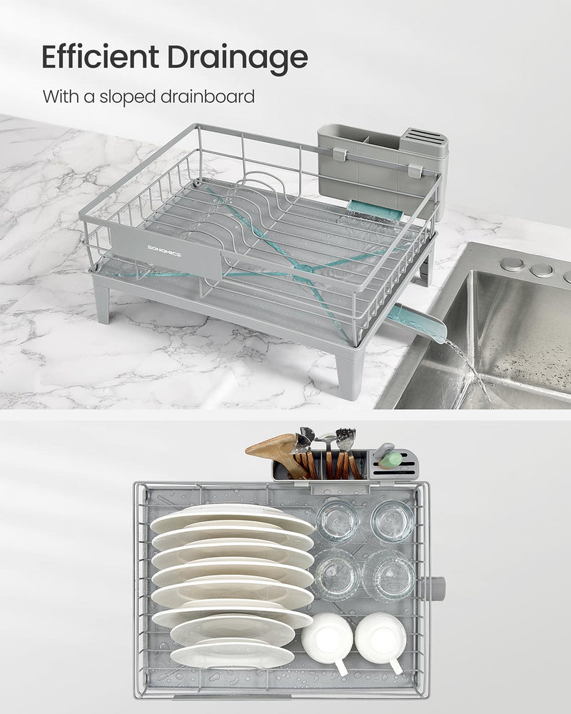 Dove Grey Dish Drying Rack with 360 Degree Rotatable Extendable Spout by Songmics