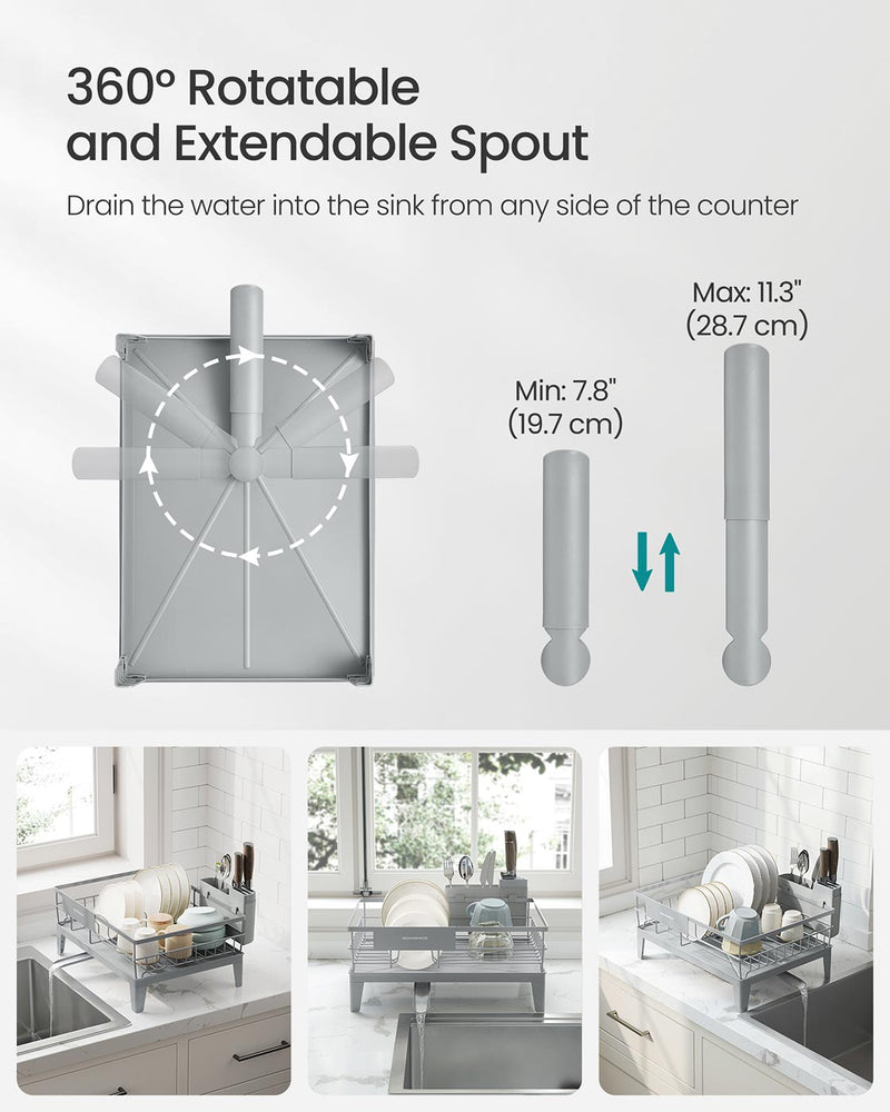 Dove Grey Dish Drying Rack with 360 Degree Rotatable Extendable Spout by Songmics