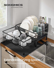 Black Steel Dish Drying Rack with Expandable Design and Silicone Draining Mat by Songmics