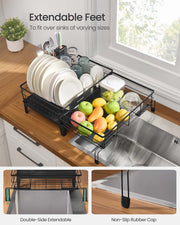 Black Steel Dish Drying Rack with Expandable Design and Silicone Draining Mat by Songmics