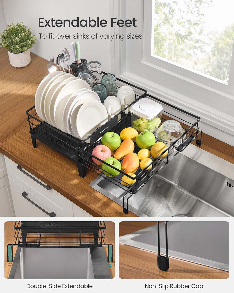 Black Steel Dish Drying Rack with Expandable Design and Silicone Draining Mat by Songmics