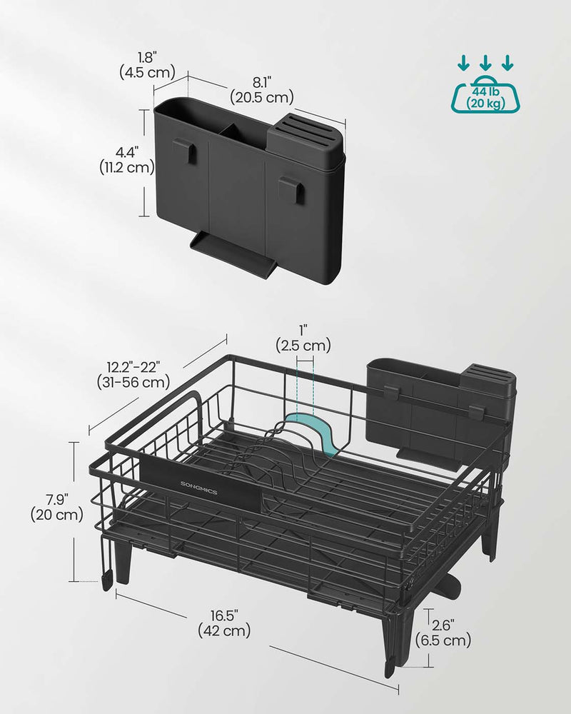 Black Steel Dish Drying Rack with Expandable Design and Silicone Draining Mat by Songmics
