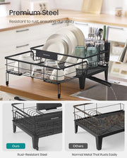 Black Steel Dish Drying Rack with Expandable Design and Silicone Draining Mat by Songmics