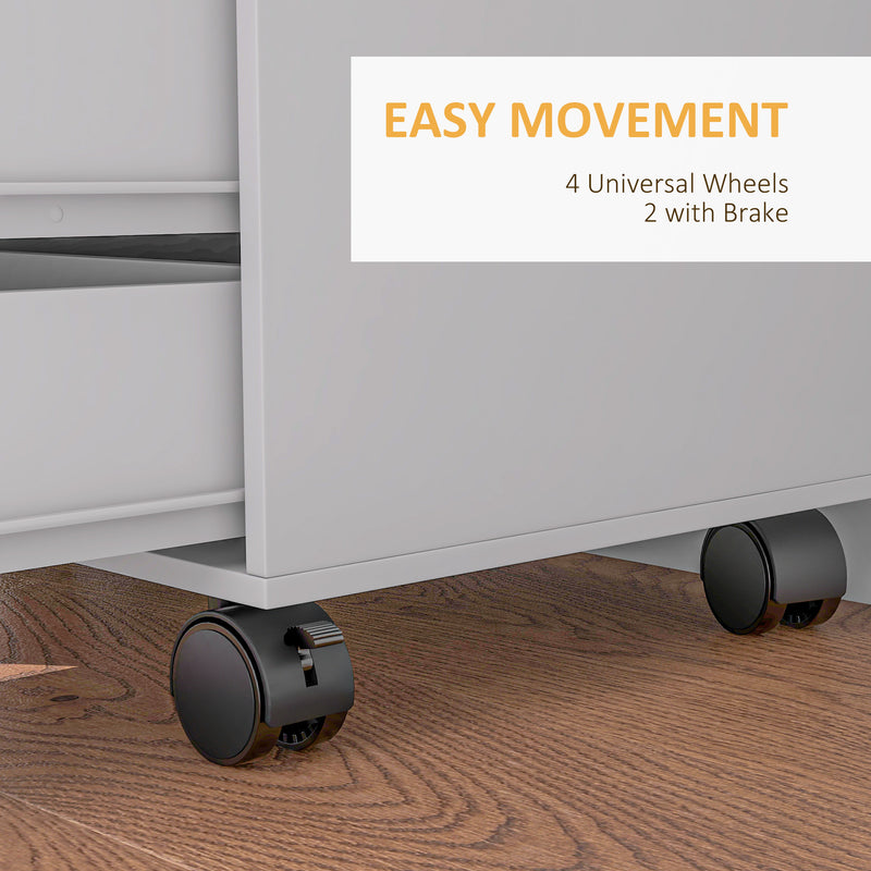 Mobile Office Storage Cabinet With Drawers And Shelves On Wheels, White