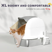 Enclosed Stainless Steel Cat Litter Box With Scoop Flip Lid For Mess Free Cleaning, Silver
