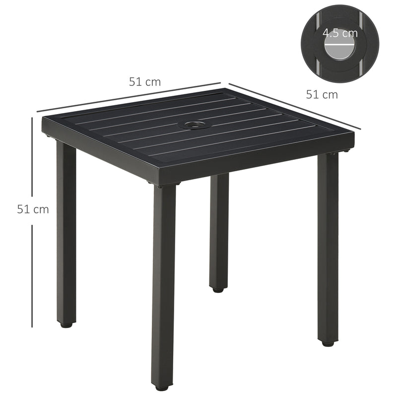Black Steel Square Garden Side Table With Umbrella Hole For Patio Balcony Or Outdoor Use